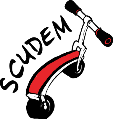 SCUDEM logo, a two wheeled scooter with red footboard and black handlebars with red trim
